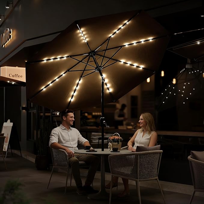 GarveeLife Patio Umbrella with Solar Lights, Outdoor Table Umbrella with 8 Durable Ribs, Tilt & Crank Mechanism, Water & UV Protection Sun Shade Umbrella for Garden, Poolside, Backyard (Tan, 10 FT)