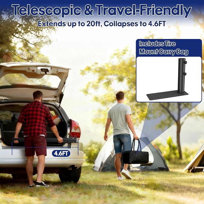 20FT RV Telescoping Flag Pole Kit, Heavy Duty 14-Gauge Aluminum Flagpole with Tire Mount Base, Portable Flag Kit for Camping, Tailgating, Trailer, and Outdoor Use
