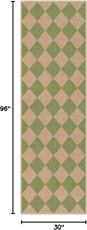 Lahome Colette Checkered Green Runner Rug, 2x8 Carpet Runners for Hallway 8ft Non Slip Entryway Rug, Farmhouse Checkerboard Non Shedding Kitchen Mats for Floor Laundry Corridor