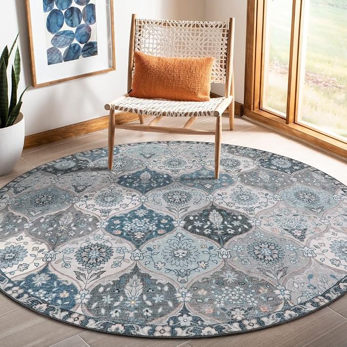 Lahome Moroccan Trellis Round Rug, 5ft, Blue, Faux Wool, Machine Wash, Non-Slip Backing, Low Pile, Floral Pattern, Area Rug for Bedroom, Living Room, Bathroom | Ultra-Thin Small Boho Circle Carpet for Entryway Kitchen Bedroom Nursery Bathroom Vionnet, ...