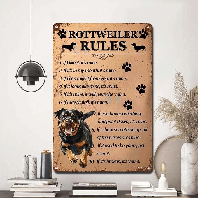 Metal Sign Tin Sign Vintage Wall Art Rottweiler Rules Funny Outdoor Decor for Bar 12×16 Inches
