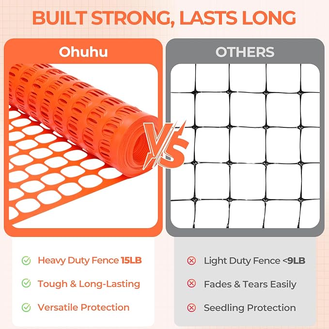 Ohuhu 15LB Ultra Thick Plastic Mesh Safety Fence, 4'×100' Reusable Construction Barrier Netting, Heavy Duty Temporary Netting for Garden Fence Snow Fence Pool Animal Barrier for Poultry Deer Orange