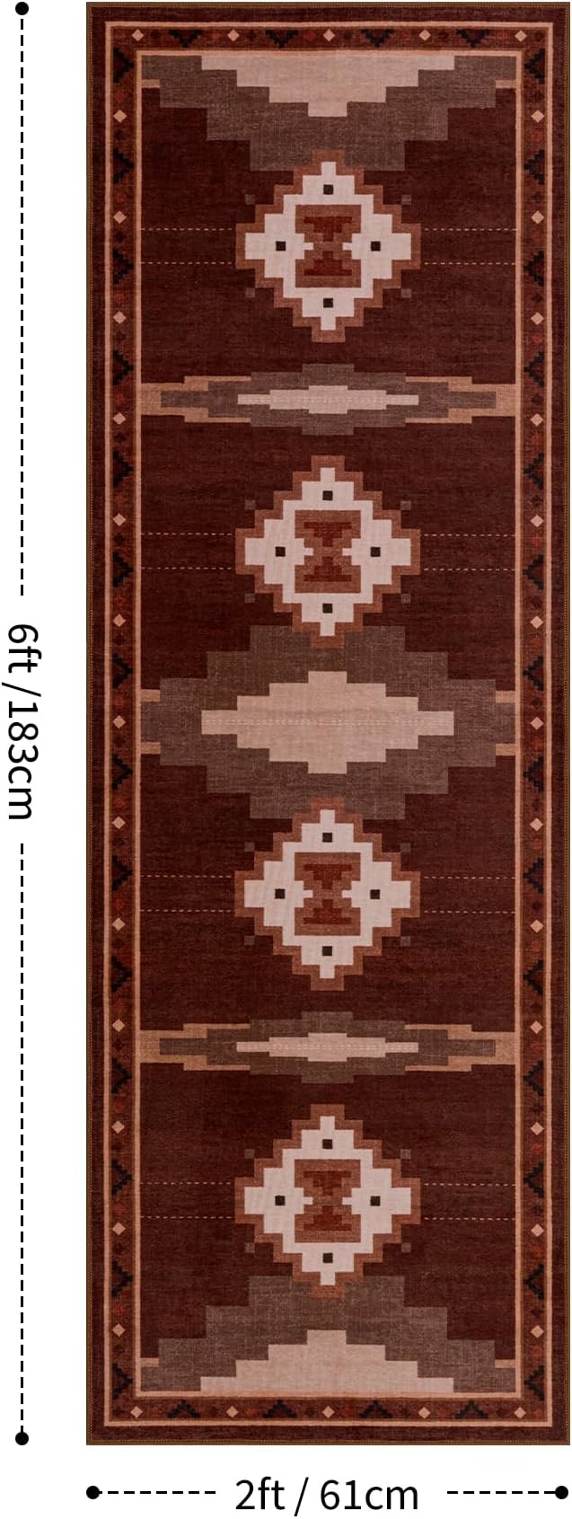 2‘x6' Washable Western Red Aztec Runner Rug for Hallway | Non-Slip, Low Pile, Stain Resistant, Southwestern Rustic Retro Long Rug for Kitchen Entryway Bedroom, Red/Brown