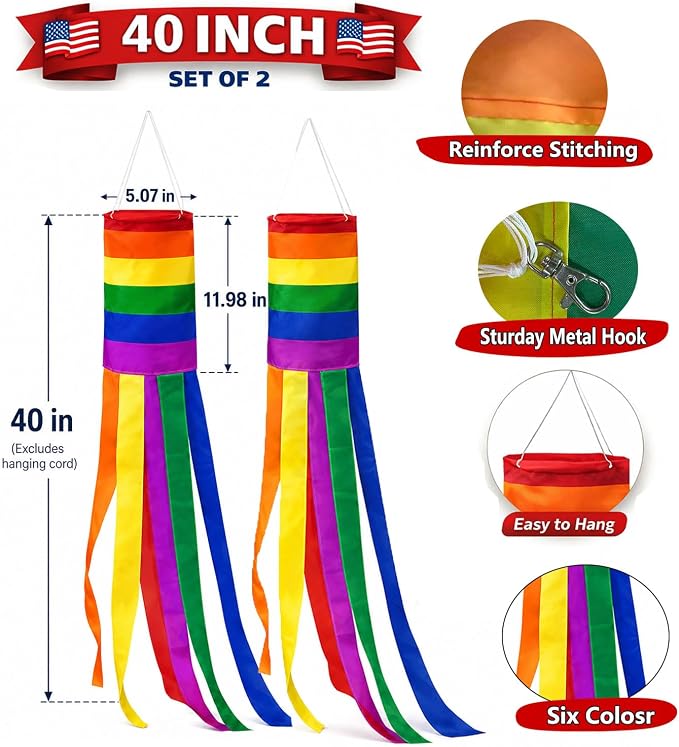 2Pack Rainbow Pride Windsock 40 Inch Outdoor Decorations – Colorful LGBT Hanging Windsocks for Porch Garden LGBTQ Pride Month Party Decor