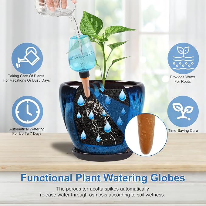 Ceramic Pots for Plant with Self Watering Globes, 10 inch Planters for Indoor Plants with Saucer, Glaze Flower Pots Outdoor with Drainage Holes, Decorative Garden Pots