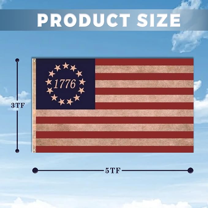 1776 Betsy Ross Flag 3x5 FT Outdoor - Tea Stained USA Embroidered Vintage American Flag, Heavy Duty Founding Fathers Bennington 4th of July Decor