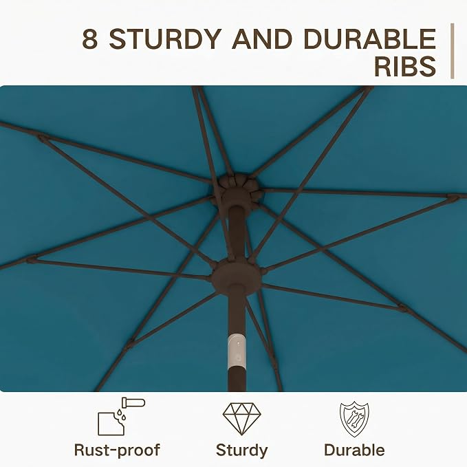 Kingdura 10FT Outdoor Patio Umbrella, Round Market Table Umbrella with Push‑Button Tilt and Crank Lift, 8 Sturdy Metal Ribs, UV50+ Protection Canopy for Backyard, Lawn, Deck, Poolside, Garden (Lake blue)