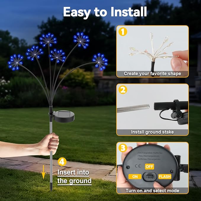 Solar Garden Lights Outdoor, Upgraded Solar Swaying Starburst Light Waterproof with 2 Modes, Solar Fairy Firework Lights for Yard Patio Pathway Flowerbed Balcony Garden Decoration (Blue, 2 Pack)