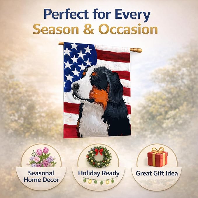 Caroline's Treasures CK6433CHF Bernese Mountain Dog American Flag House Flag Large Porch Sleeve Pole Decorative Outside Yard Banner Artwork Wall Hanging, Polyester, House Size, Multicolor