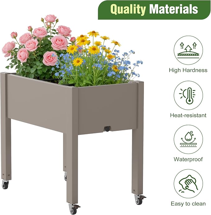 Elevated 26.3" Tall Raised Garden Bed with Wheels - Outdoor Mobile Resin Planter Box with Drainage Holes for Vegetables Flower Herbs, Weather Resistant, Gray (26.3" h)