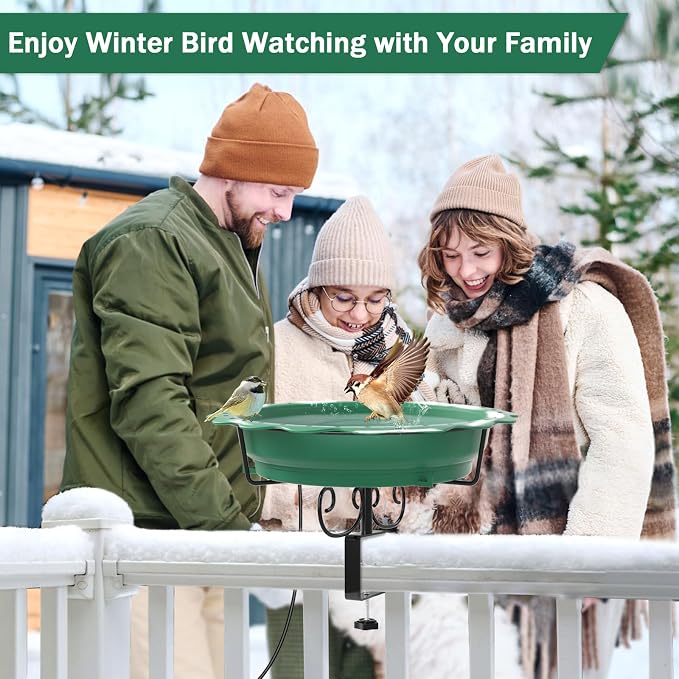 Heated Bird Baths for Outdoors, 100W Heated Bird Bath for Deck Railing, Heated Birdbath with Thermostat Control, Heated Bird Bath for Outside Winter Garden Patio Yard (Green)