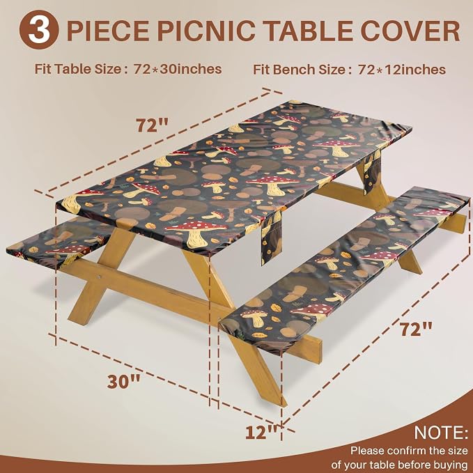 Jobunai Picnic Table Cover with Bench Covers Fitted Waterproof Camping Tablecloth with Elastic for 6 Foot Rectangle Tables Outdoor Travel Rv Essentials Summer Vacation Accessories Gift for Men Women