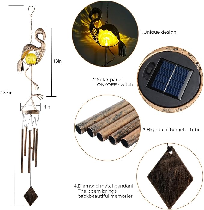 Solar Wind Chimes for Outside Gifts for Women Mom Grandma Sister Crackle Glass Ball Flamingo Wind Chimes Solar Lights Outdoor Decor for Garden Backyard Patio Yard Porch, Mothers Gift Birthday Gifts