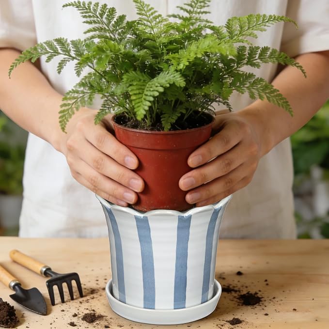 Ceramic Plant Pots, 5.8 Inch Planter Pot with Drainage Hole and Sauser, Stripe Ceramic Planters with Floral Edge for Indoor Succulent Flower Orchid Plants Home Room, Blue