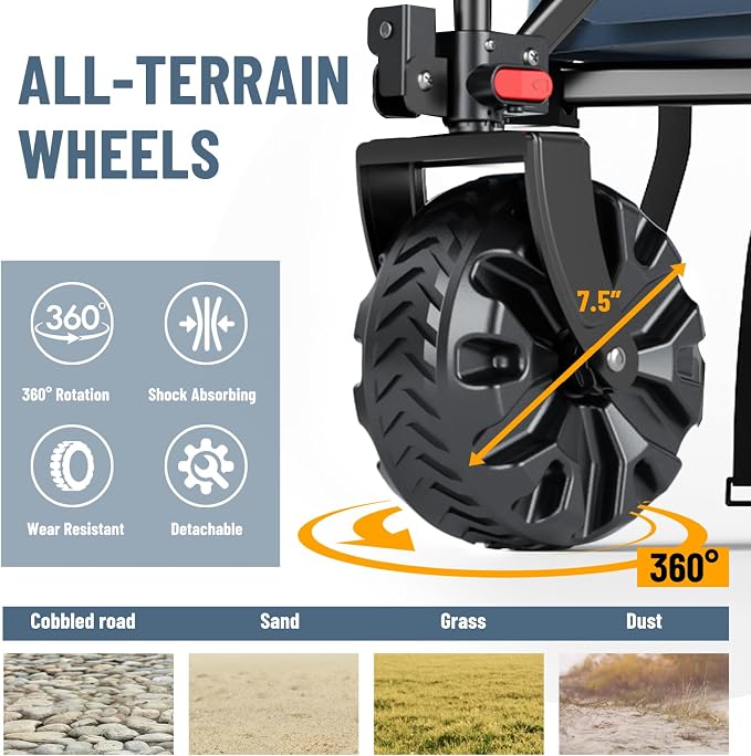 Timber Ridge Foldable Wagon 350L Extendable Height, Large Capasity Collapsible Wagon Cart with All Terrians Detachable Wheels, Compact Folding Utility Wagon for Camping, Fishing, Shopping Navy