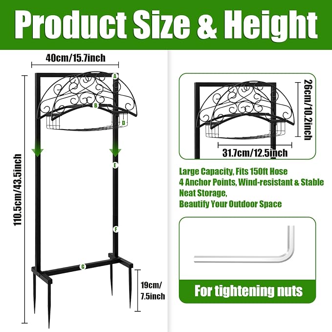 Heavy Duty Freestanding Garden Hose Reel with Storage Basket - Outdoor Hose Holder, Water Hose Storage Rack & Hanger for Yard, Lawn, Farm - Easy Roll for Outside