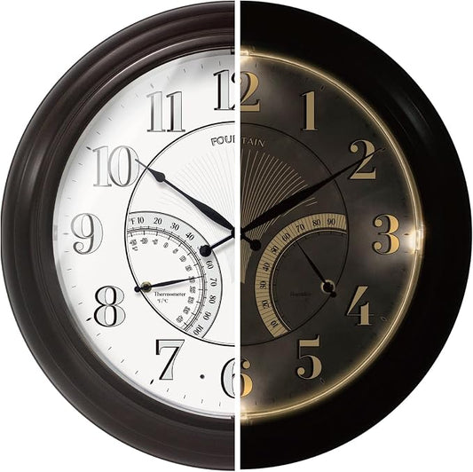 24" Jameson in/Outdoor Lighted Clock, Self-Illuminated, Waterproof, 3 in 1 Weather Station (Thermometer & Hygrometer), Metal Clock, Oil Rubbed Bronze Finish(Night Light)