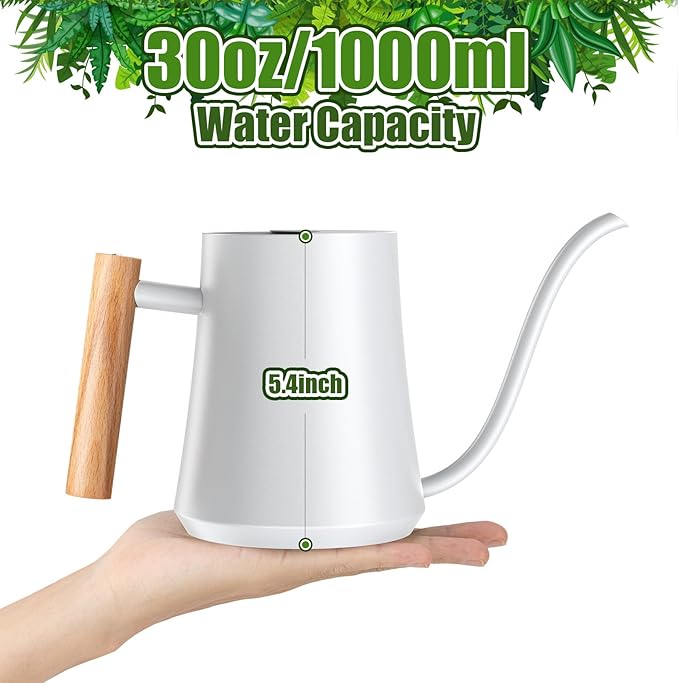 Green Moon 1L/35oz Metal Watering Can Indoor with Long Spout, White | Metal Stainless Steel Watering Can with Wood Handle for Indoor Plants, House Bonsai, Succulents, and Outdoor Garden Flowers