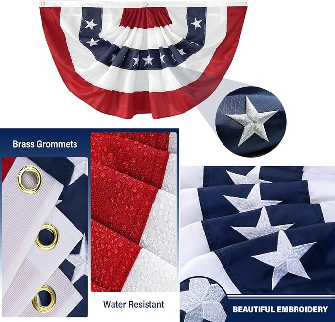 6Pack American Bunting Flags for 4th of July Patriotic Decor 1.5x3Ft Pleated Half Fan Bunting 250th Anniversary Outside Porch USA Flag Garden Embroidered Star Red White & Blue Stripe Banner