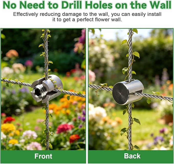 20PCS T316 Stainless Steel Cable Cross Clamps, Kalolary Heavy Duty No Drilling Clips for 5/64"-1/8" Wire Rope & Rods, Wall Wire Trellis Kit for Climbing Plants DIY Outdoor Garden Vine Flower Wall