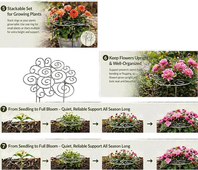 Metal Plant Support Ring for Garden, Heavy-Duty Peony & Dahlia Cage, Stackable Flower Support for Indoor & Outdoor Plants, Decorative Grow-Through Ring, Orchid Clip
