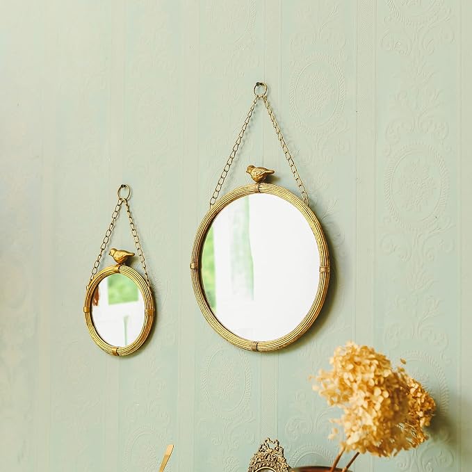NIKKY HOME 6.7 Inch Decorative Small Hanging Mirrors Vintage Round Metal Framed Wall Mounted Mirror Decor with Bird for Bathroom Living Room Office, Rustic Gold