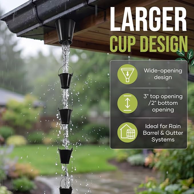8.5FT Wrought Iron Rain Chain, Black Cup Bucket Design, 16 Cups, Gutter Adapter & Decorative Butterfly, Outdoor Garden Decor