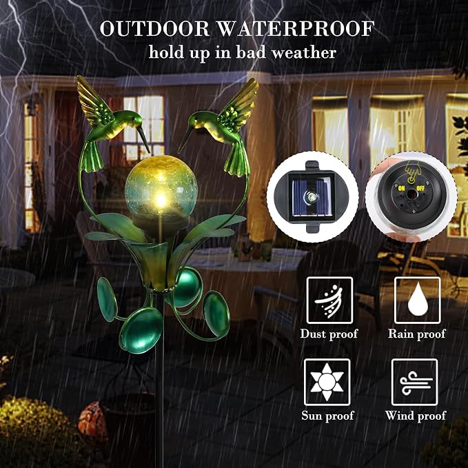Decorative Solar Outdoor Light, Hummingbird Glass Globe Stake for Lawn Yard | Solar Hummingbird Lights With Wind Spinner Design, Crackle Glass Globe, Auto On/Off For Garden, Lawn, Yard