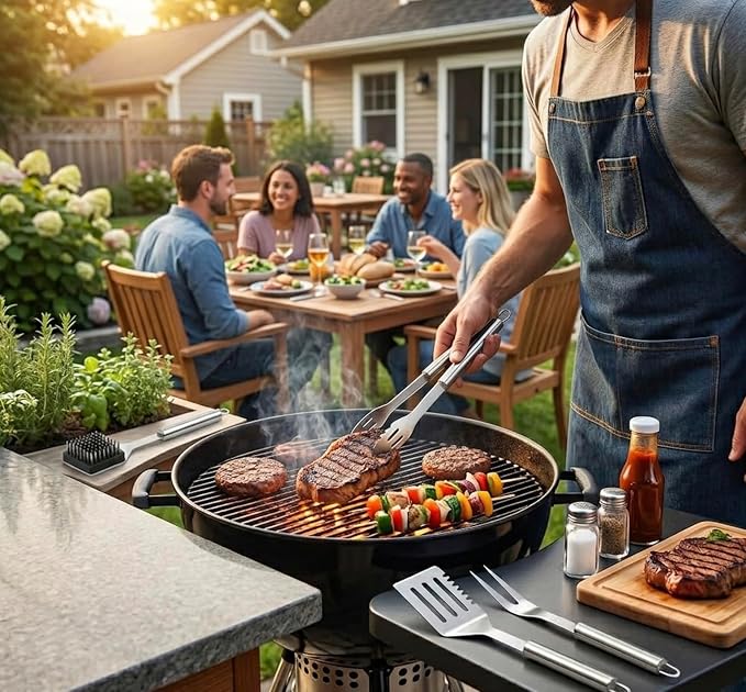 Stainless Steel BBQ Grill Tool Set - Barbecue Accessories & Utensils Sets - 4 Piece Spatula, Tongs, Cleaning Brush, Fork - 13.5" Barbeque Tools Kit - Gift for Grilling Lover Men Outdoor & Kitchen