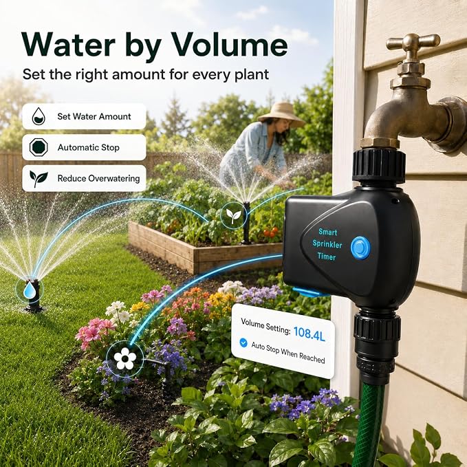 WiFi Water Timer with Built-in Flow Meter, Smart Garden Hose Controller, No Hub Required, 2.4GHz App Remote Control, Timed & Volume Watering, Rain Delay, IP65 Waterproof for Lawn Garden Greenhouse