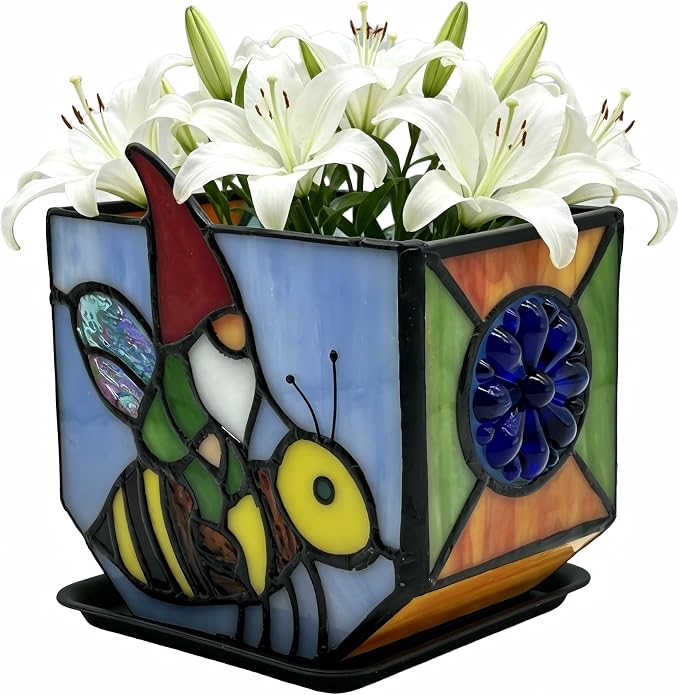 Stained Glass Gnome on Bee Planter,Cute Plant Pot with Drainage for Indoor Plants, Unique Gnome Gifts for Women, Garden Bee Decor for Succulents