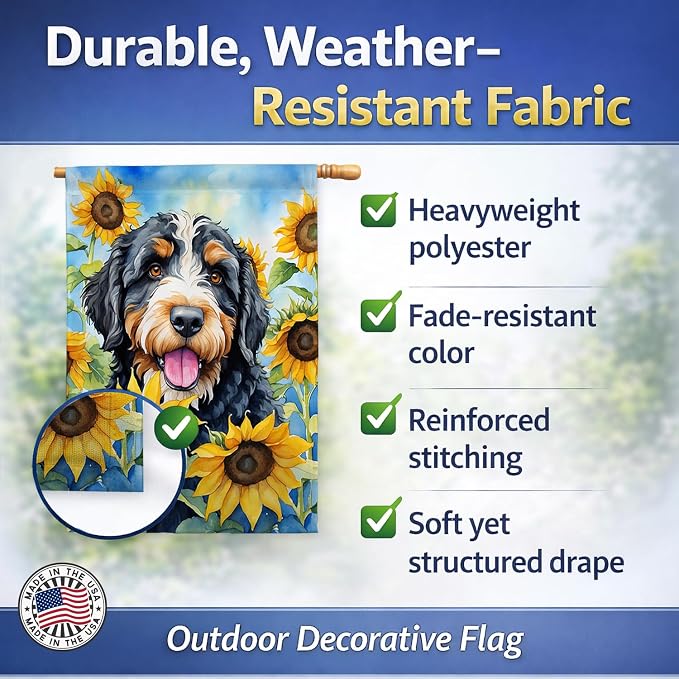 Caroline's Treasures DAC6025CHF Bernedoodle in Sunflowers House Flag Large Porch Sleeve Pole Decorative Outside Yard Banner Artwork Wall Hanging, Polyester, House Size, Multicolor