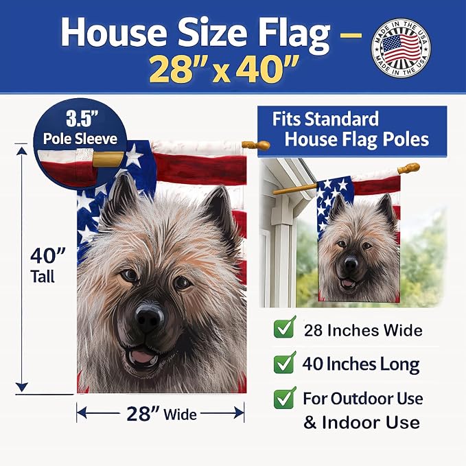 Caroline's Treasures CK6588CHF Keeshond American Flag House Flag Large Porch Sleeve Pole Decorative Outside Yard Banner Artwork Wall Hanging, Polyester, House Size, Multicolor