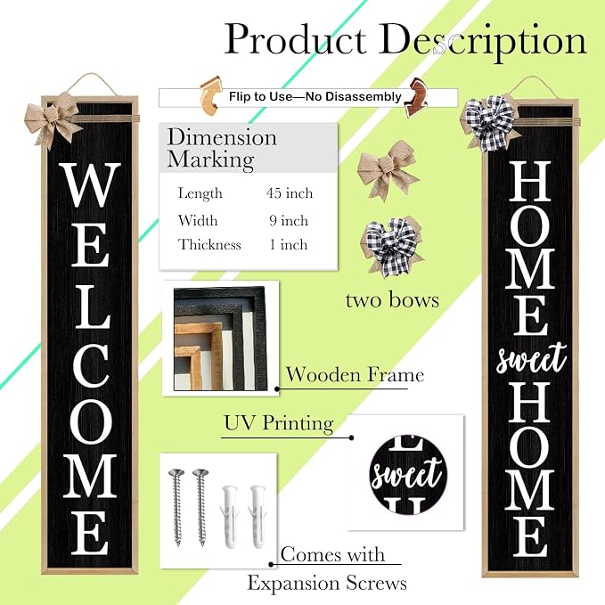 Outdoor 2in1 Welcome Sign for Front Door Home Sweet Home Sign for Farmhouse Tall Outdoor Front Porch Standing 2 Sided 45"X9" Large Vertical Leaner Rustic Outside Decor (Wood Black)