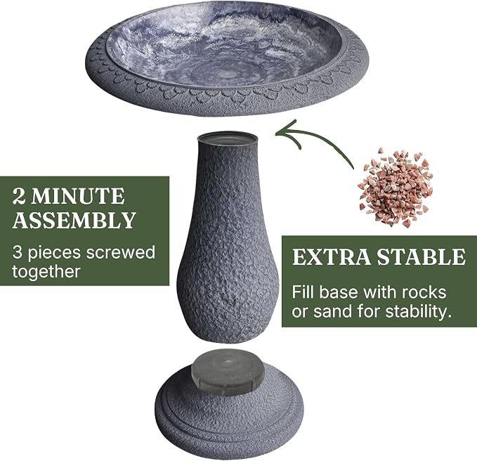 Large Bird Bath for Outside 23 Inch Weathered White - Stone-Resin Composite Pedestal Birdbath Bowl - Standing Outdoor Garden Decor for Front Porch Patio Yard Backyard Lawn Ornament