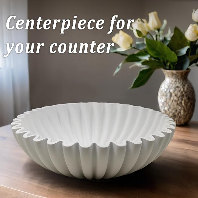 LIN CHUAN Ruffle Decorative Bowl, Large Fruit Bowl for Kitchen Counter, Stylish Key Bowl for Entry Table, Handcrafted Home Decor Display bowl, White