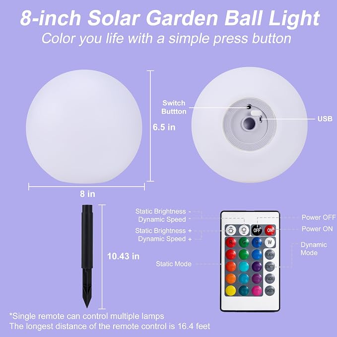 8 Inch Solar Globe Lights Outdoor Waterproof, LED Solar Ball Light Outdoor 16 RGB Colors 4 Modes with Remote Control, Solar Shpere Lamp Orb Light for Patio,Garden,Yard,Beach,Pathway
