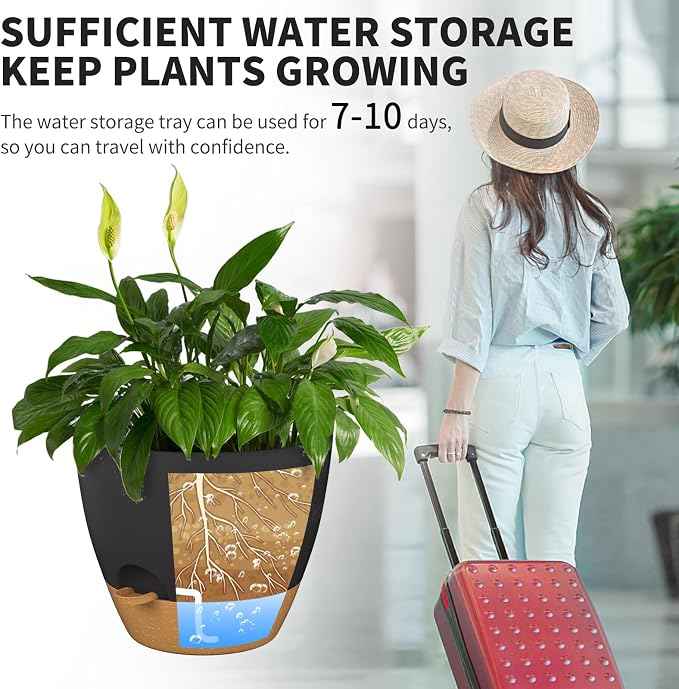 12/10/9 Inch Self Watering Pots for Indoor Outdoor Plants, Set of 3 Large Plastic Planters with Visual Water Window, Drainage Holes & Watering Lip, Modern Decorative Flower Pots (Black)