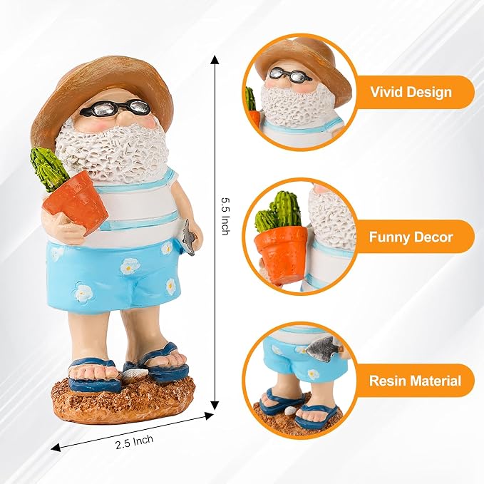 Teaeeno Funny Garden Gnome with Cactue, Funny Gnome Figurine, 8 Inch Depth Lawn Statue, Yard Art Statue, Garden Yard Lawn Backyard Ornament Decor,Home, Lawn, Patio, Animal Ornament for Women Gifts