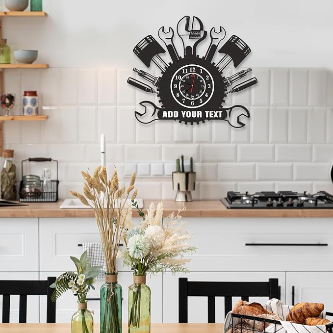 Personalized Outdoor Metal Wall Clock, Custom Name Black Wall Clock with Repair Mechanic Tools Design, Waterproof Silent Non Ticking Wall Clocks for Garage Workshop Office Man Cave, Gifts for Men