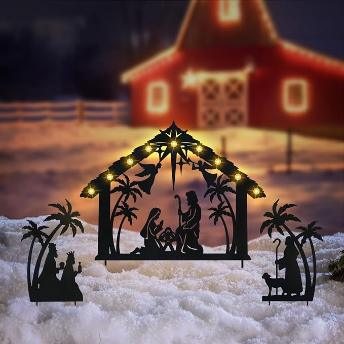 Solar Nativity Scene Outdoor,3Pack Lighted Outdoor Christmas Decorations,Metal Silhouette Nativity Set Outside for Yard Garden Stake