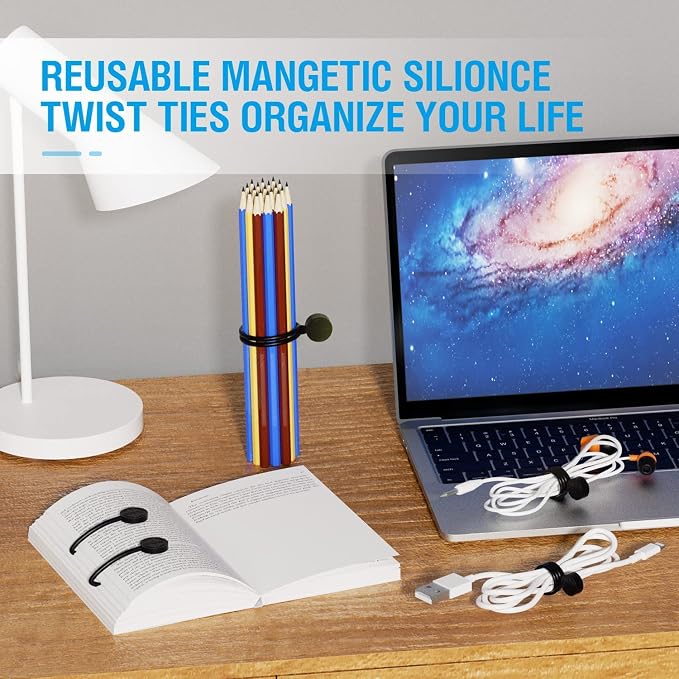 Magnetic Twist Ties, Reusable Silicone Cable Ties with Strong Magnet for Bundling and Organizing,Cord Wrap Clip Straps for Home or Office (Carbon Black-8 Packs)