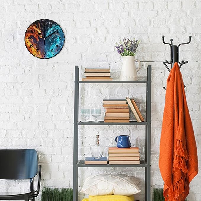 Fire and Ice Dragon Wall Clock, Silent Non Ticking 10 Inch Battery Operated Wall Clocks, Easy to Read Clock for Home Kitchen Living Room Bathroom Office Decor