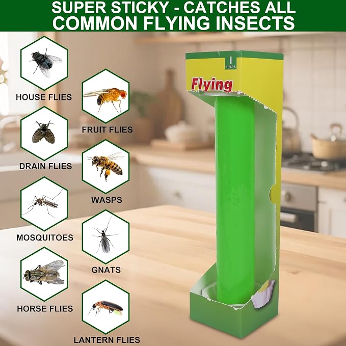 Fly Stick Sticky Fly Traps for Indoors Outdoor 4pk, Sticky Hanging Fly Stick, Flying Insect Trap, wasp Trap (Green 4PCS)