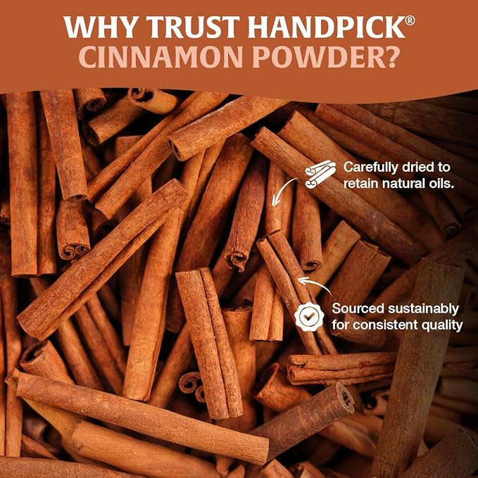 HANDPICK, Cinnamon Powder (397g/14oz) Non GMO, Gluten Free, 100% Raw, Sourced from South India, For Cooking, Smoothies, Lattes, Tea, Packed in Resealable Ziplock Pouch