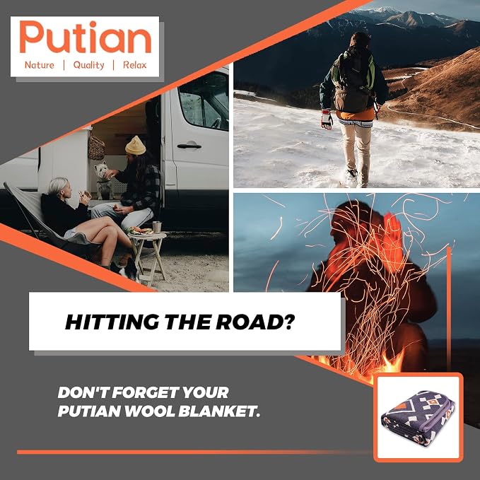 PuTian Merino Wool Blanket - 87" x 63" Thick Warm Soft Large Bed Throw - Great for Camping, Outdoors, Travel, Car, Couch, All Seasons, Grey Chcek