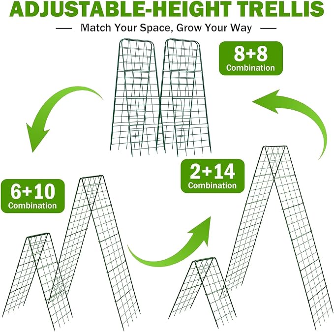 Heavy Duty 50"x17" Adjustable A-Frame Trellis for Climbing Plants – Rust-Proof Metal Garden Trellis with Dense Grid Design, Perfect for Raised Beds, Tomatoes, Cucumbers & Outdoor Vines (Green, 2 Pcs)