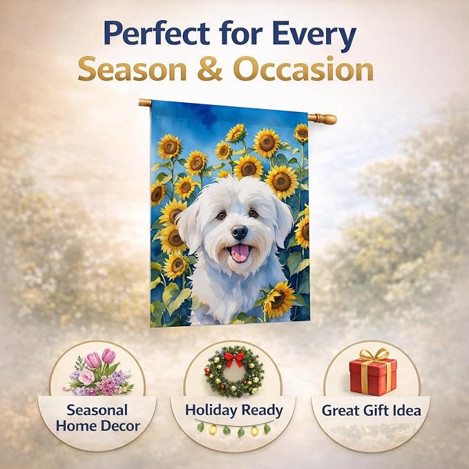 Caroline's Treasures DAC6063CHF Coton de Tulear in Sunflowers House Flag Large Porch Sleeve Pole Decorative Outside Yard Banner Artwork Wall Hanging, Polyester, House Size, Multicolor