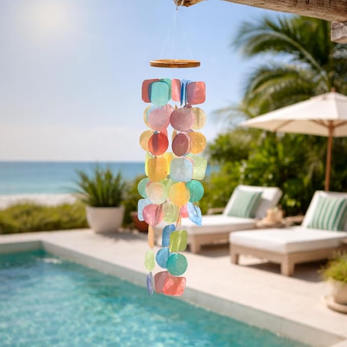 Solange & Frances Colorful Beachy Home Decor Wind Chimes for Outside. Capiz Shell Wind Chimes, Relaxing Beach Gift for Women, Gifts for Mom and Birthday Gifts for Women