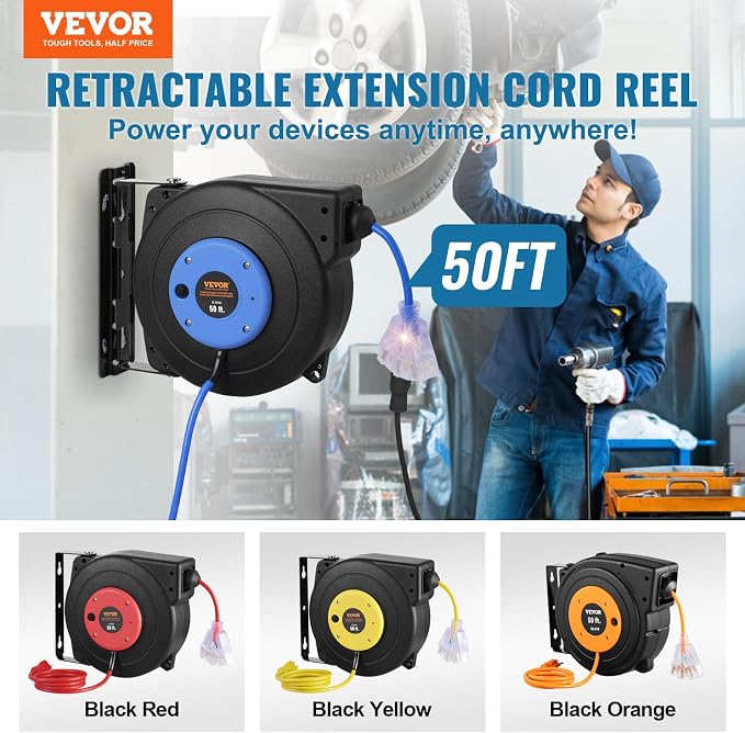 VEVOR Retractable Extension Cord Reel, 50 FT, Heavy Duty 14AWG/3C SJTOW Extension Power Cord with Lighted Triple Tap Outlet, 13A Circuit Breaker 180° Swivel Bracket for Ceiling or Wall Mount, Blue
